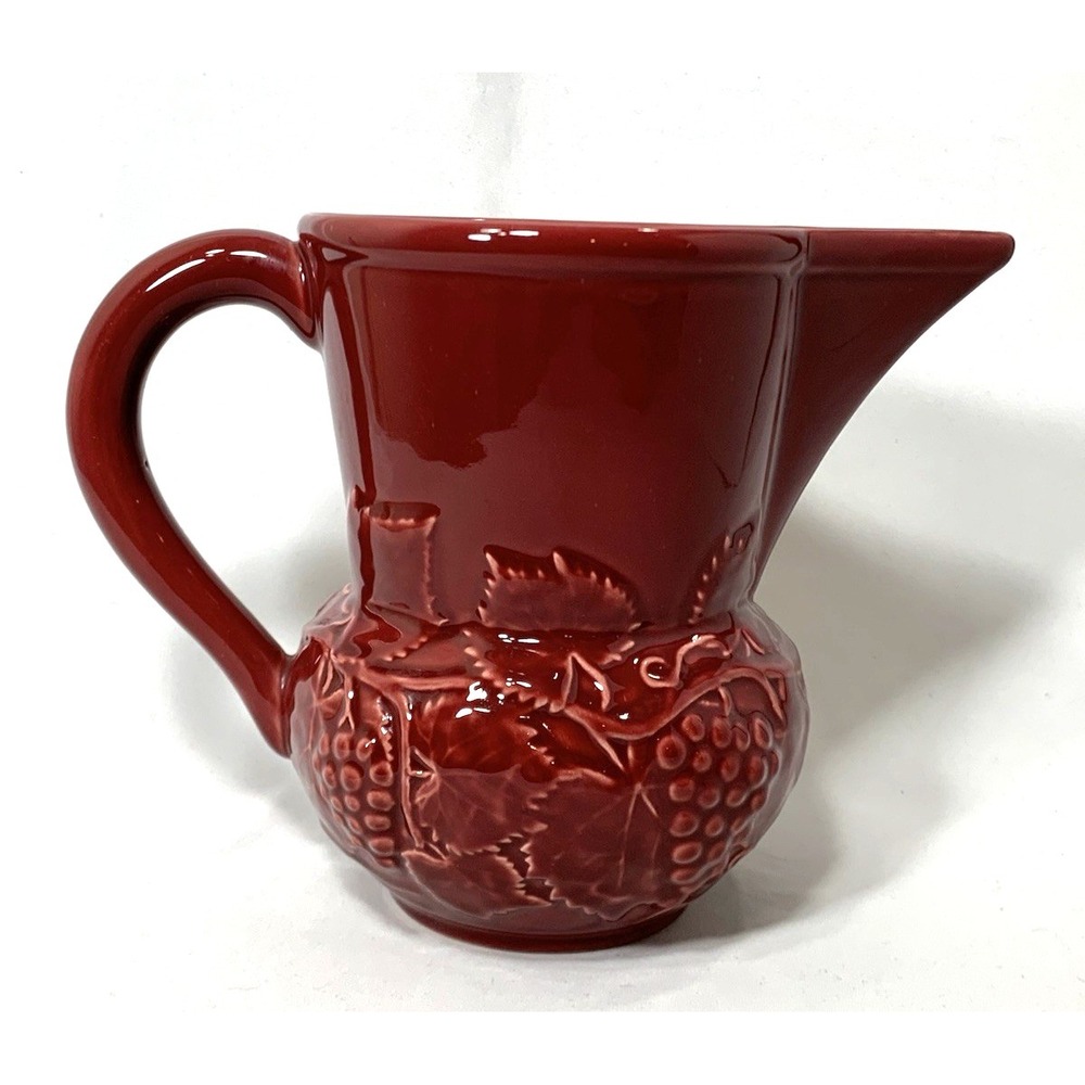 Bordallo Pinheiro‎ Red Grape Vine Pitcher Majolica 7" Portugal Cranberry